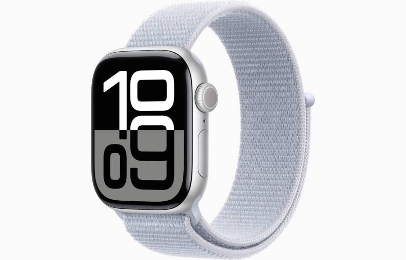 
                                                                                    Apple Watch Series 10 GPS 42mm Silver Aluminium Case with Blue Cloud Sport Loop                                        