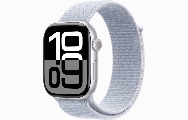 
                                                                                    Apple Watch Series 10 GPS + Cellular 46mm Silver Aluminium Case with Blue Cloud Sport Loop                                        