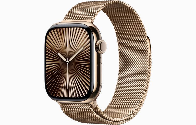 
                                                                                    Apple Watch Series 10 GPS + Cellular 42mm Gold Titanium Case with Gold Milanese Loop                                        