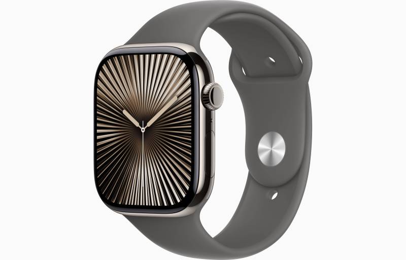 
                                                                                    Apple Watch Series 10 GPS + Cellular 46mm Natural Titanium Case with Stone Grey Sport Band - S/M                                        