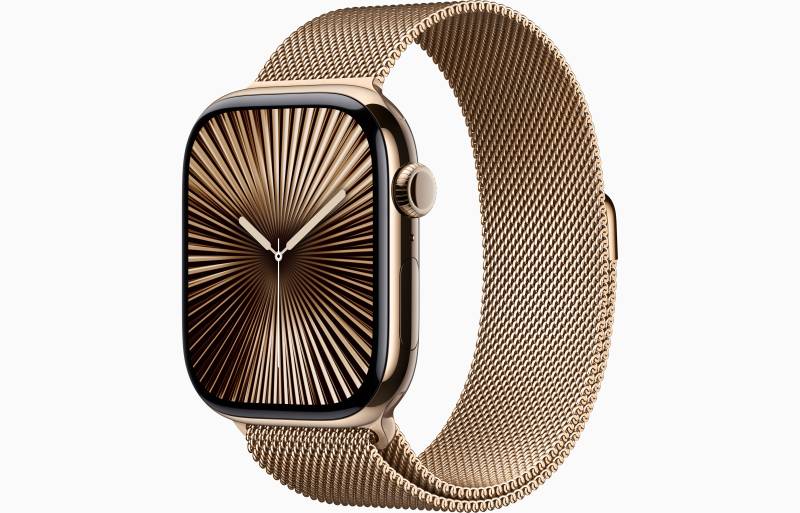 
                                                                                    Apple Watch Series 10 GPS + Cellular 46mm Gold Titanium Case with Gold Milanese Loop - S/M                                        