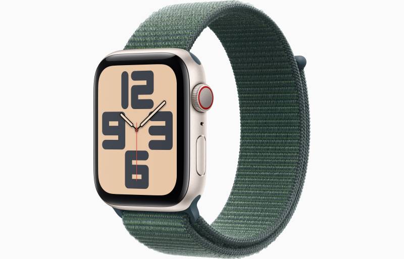 
                                                                                    Apple Watch SE GPS + Cellular 44mm Starlight Aluminium Case with Lake Green Sport Loop                                        